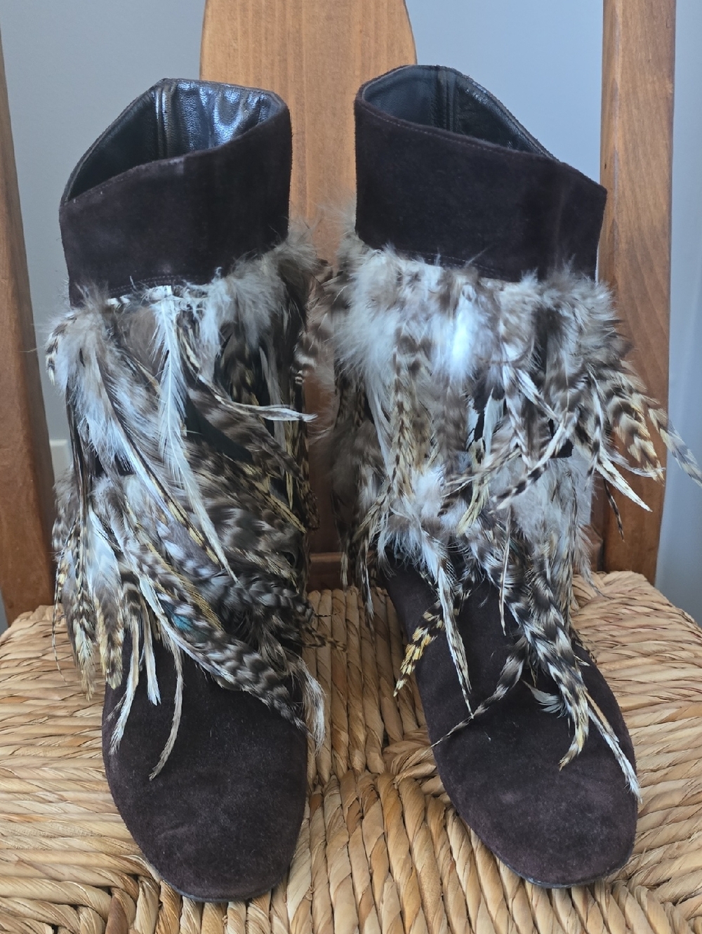 Delman Dark Brown Suede Ankle Boots with Feather Trim